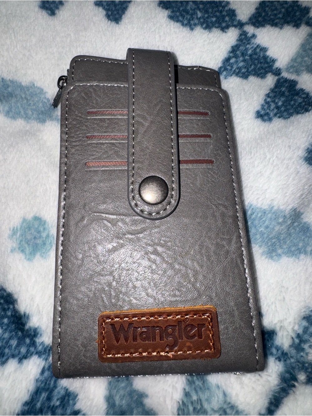 Wrangler Gray Faux Leather Wallet Phone Case with Brown Logo Patch